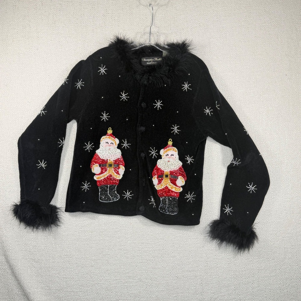 Vntg Christopher Radko Belle Pointe Black Sequin Santa Faux Fur Holiday Cardigan